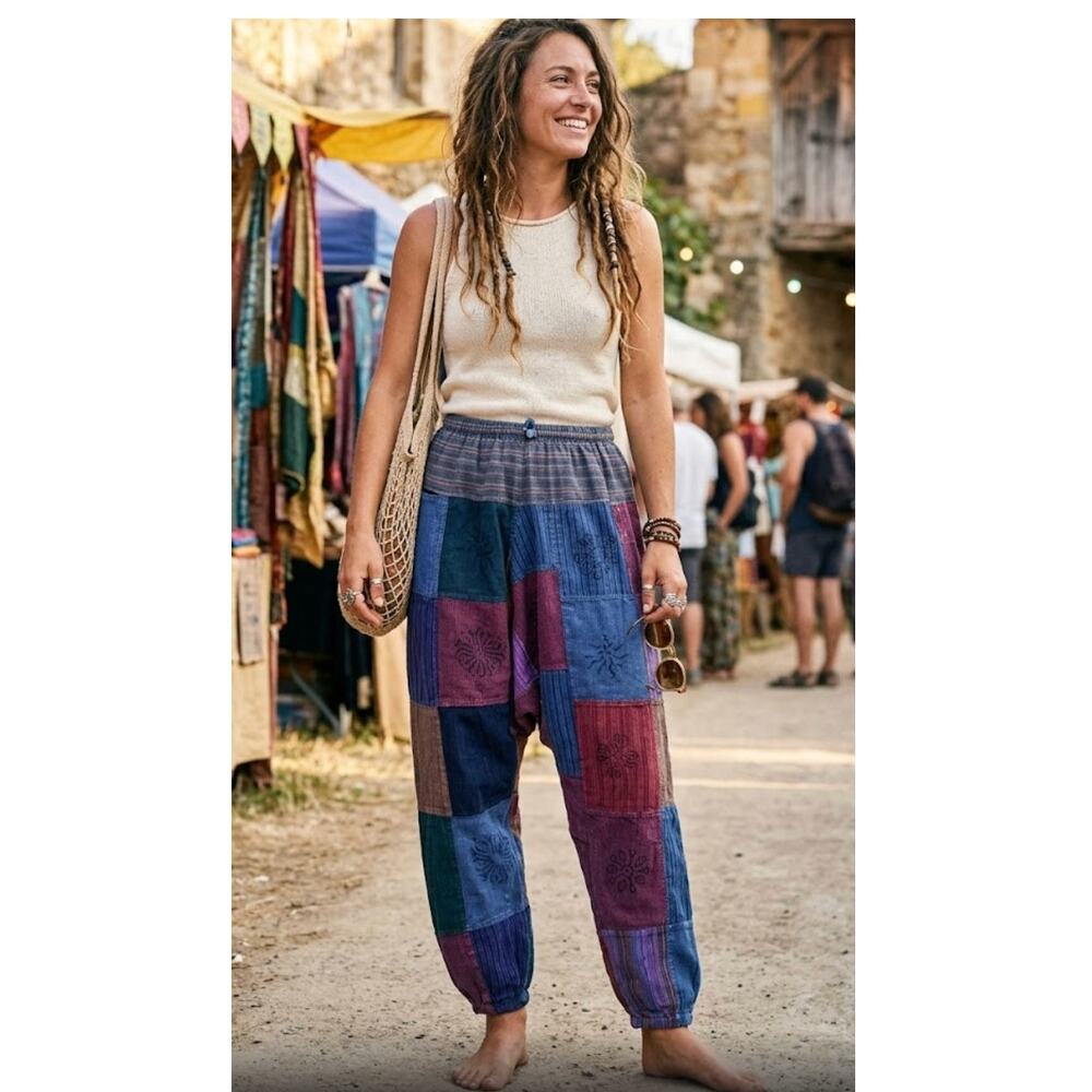 Nepal Patchwork Cotton Harem Pants Boho Hippie Festival Drop Crotch EUC OS